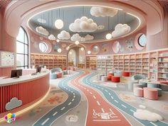 the children's library is decorated in pink and blue with clouds on the ceiling