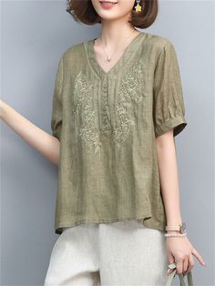 Description Product ID: TP2032655 Material: Linen, Polyester Pattern: Embroidered Sleeve: Short Sleeve Neckline: V-Neck Closure Type: Pullover Season: Summer Style: Casual, Fashion, Simple Occasion: Daily, Outdoor Activities, Vacation, Street, Home Package included: 1* Shirt Size Chart (Asian Size): Please allow 1-3 cm measured error. Tag Size Length Chest Shoulder Sleeve Length cm | inch cm | inch cm | inch cm | inch M 63cm | 24.8'' 104cm | 40.9'' 40cm | 15.7'' 24cm | 9.4'' L 64cm | 25.2'' 108cm | 42.4'' 41cm | 16.1'' 25cm | 9.8'' XL 65cm | 25.5'' 112cm | 44.0'' 42cm | 16.5'' 26cm | 10.2'' XXL 66cm | 25.9'' 116cm | 45.6'' 43cm | 16.9'' 27cm | 10.6'' 3XL 67cm | 26.3'' 120cm | 47.2'' 44cm | 17.3'' 28cm | 11.0'' Green Embroidered V-neck Blouse, Relaxed Fit V-neck Embroidered Top With Floral Embroidery, Relaxed Fit V-neck Top With Floral Embroidery, Floral Embroidered V-neck Top With Relaxed Fit, Green Embroidered V-neck Top, Casual Green Embroidered Top With Floral Detail, Casual Green Top With Floral Embroidery, Casual Green Floral Embroidered Top, Casual V-neck Top With Floral Embroidery