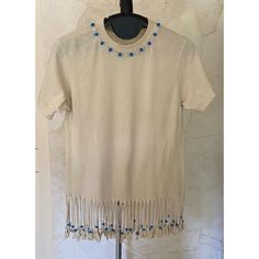 Authentic Early 90s Tee With Fringe And Bead Design Light Tan/Dark Cream Cotton Tee With Hanging Fringe With Blue And Clear Beads On Fringe And At Neckline No Size On Tee But Measures To A Small - See Photos For Measurements Never Worn, Perfect Condition Beaded Beige Tops For Summer, Beaded Short Sleeve Tops For Summer, Summer Beaded Beige Tops, Summer Beige Beaded Tops, 90s Tees, Clear Beads, Early 90s, Design Light, Light Tan