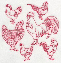 a group of chickens standing next to each other on top of a white sheet with red ink