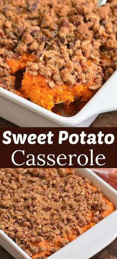 sweet potato casserole with crumbled toppings in a white baking dish