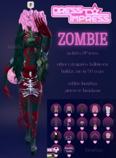 an animated zombie girl with pink hair and green eyes