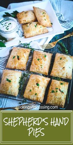 homemade shepherd's hand pies on a cooling rack with text overlay reading shepherd's hand pies