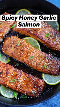 spicy honey garlic salmon in a cast iron skillet