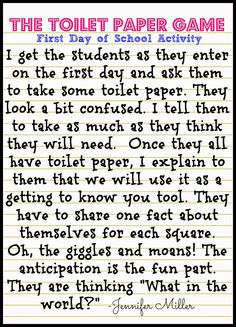 a piece of paper with writing on it that says, the toilet paper game first draft school