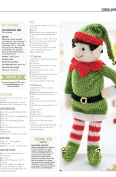 a knitted christmas elf doll with red and white striped pants, green hat and leggings