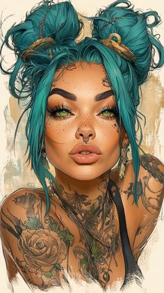 a woman with green hair and tattoos on her face