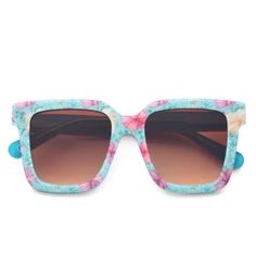 Loveshackfancy Novella 53mm Gradient Square Sunglasses In Turquoise Waves Beautiful Floral-Printed Frames Bring Vacation-Ready Charm To These Square Sunglasses With Gradient Lenses That Offer Full-Coverage Uv Protection. Includes A Matching Case With Chain Strap So You Can Slip On Or Put Away These Sunnies With Ease. Includes Sunglasses And Matching Case 53mm Lens Width; 19mm Bridge Width; 150mm Temple Length 100% Uv Protection Acetate Imported Cleaning Cloth Also Included New Never Out Of The B Blue Glass Sunglasses For Vacation, Blue Sunglasses For Vacation, Blue Summer Sunglasses For Vacation, Light Blue Sunglasses For Beach Spring Season, Playful Blue Sunglasses For Spring, Matching Case, Heart Sunglasses, Colored Sunglasses, Floral Printed