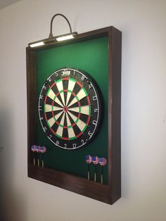 a dart board mounted to the side of a wall