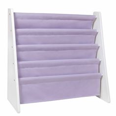 a purple and white book rack with six books on it's sides, against a white background