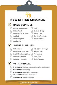 a clipboard with the words new kitten checklist on it and an image of a cat