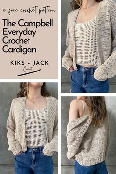 a woman wearing a sweater and jeans with the words, the campbell crochet cardigan