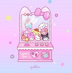 an illustration of hello kitty playing in a pink toy machine with other characters on it