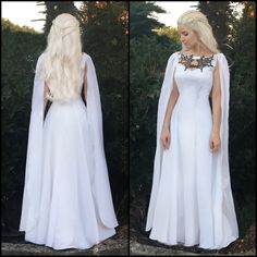 This is an accurate replica of Daenerys white dress worn on Game of Throne 5th Season. *Being the dress white, it is recommended to wear undergarments in nude colors* The statement necklace/sternal cover is made from craft foam, with 3 metal dragons added to the front, and it can Daenerys Qarth, Elven Cape, Game Of Thrones Dress, Gown Cape, Dragon Dress, Game Of Thrones Costumes, Medieval Wedding, Dragon Necklace, Fantasy Gowns