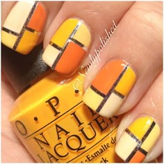 OPI citron hues with nail tape, simple nail design, nail art, orange polish, color blocking, summer and fall nail art Color Block Nails, Feather Nails, Thanksgiving Nail Designs, Thanksgiving Nail Art, Nails Arts, Geometric Nail Art, Nail Tape, Lovely Nails, Finger Nails