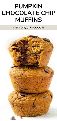 three pumpkin chocolate chip muffins stacked on top of each other with text overlay