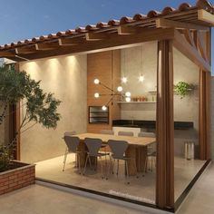 an outdoor dining area with table and chairs