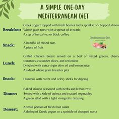 a simple one - day mediterranean diet is shown in this green poster with the words