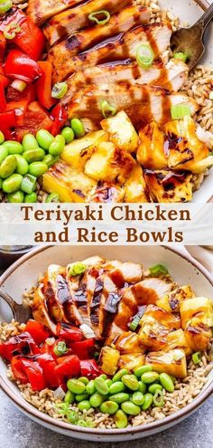 two bowls filled with different types of food and the words teriyaki chicken and rice bowls