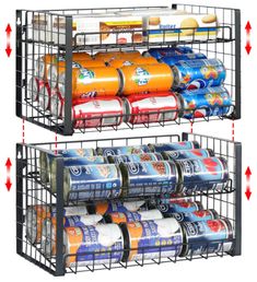 4-Tier Stackable Can Rack Organizer for Pantry, Adjustable Can Dispenser Holds Up to 62 Cans, Can Storage Holder for Various Ounces of Canned Food Soda Drinks, Black 【Accommodates Multiple Sizes】You can adjust the interval and angle of the can organizer which can perfectly accommodate different size cans, soda or others. 4-tier can dispenser for pantry organization and storage can hold up to 62 cans. Size: 11.8"D x 16.3"W x 20"H 【Ultra-stable Structure】Our canned food storage organizer is made from heavy gauge steel, which is stronger, more stable and not easily deformed. The quality of this can rack will surely satisfy you, come and try it! 【Stackable Can Organizer】This can organizer includes 2 metal connectors which can be stacked to maximizes storage space. Of course, you can also use i Stackable Soda Can Storage, Stackable Soda Can Organizer, Tiered Can Organizer, Stackable Can Organizer, Can Rack, Can Dispenser, Canned Food Storage, Soda Drinks, Food Storage Organization