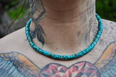 "Genuine Turquoise Necklace. This is such a pretty turquoise necklace. Lots of beautiful earth tone matrix (veining) in the stones. Very beachy, surf vibe...Santa Cruz style 🤙🏼 * 15″ Long with a 3\" toggle extension * Stones may vary in size, color or shape * Composite Turquoise * 0.25\"(6mm)x0.2\"(5mm) turquoise heishi bead * 40 grams weight * Alloy metal * Antique silver plate * Nickel, Lead & Chrome free * FREE SHIPPING What is Composite Turquoise? Composite Turquoise is when smaller pieces Turquoise Beaded Necklace, Heishi Necklace, Surfer Necklace, Turquoise Bead Necklaces, Heishi Beads, Genuine Turquoise, Turquoise Beads, Men's Jewelry, Turquoise Necklace