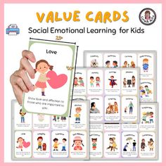 a hand holding a card with the words value cards on it and pictures of children