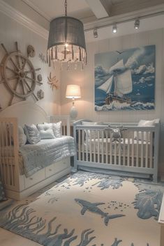 a baby's room with two cribs, a bed and a chandelier