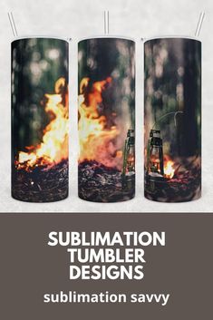 the sublimation tumbler designs are shown in three different sizes and colors, with flames coming out of them