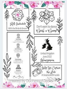 the wedding info sheet for brides and grooms, with pink flowers on it