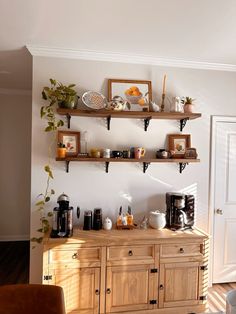 Coffee Bar Cottagecore, Coffee Bar Shelving Ideas, Coffee Bar Inspo Home, Coffee Bar In Front Of Window, Thrifted Coffee Bar, Cottage Core Coffee Bar, Cozy Coffee Bar Inspiration, Dining Room With Coffee Bar, Retro Coffee Bar