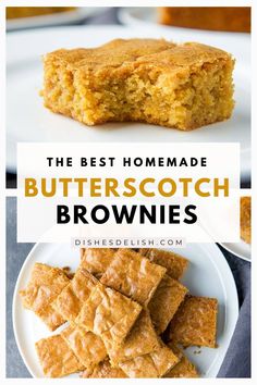 the best homemade butterscotch brownies on a white plate with text overlay