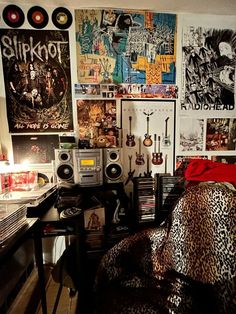 a room filled with lots of records and posters