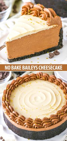 no bake bailey's cheesecake on a white plate with the words, no bake baileys cheesecake