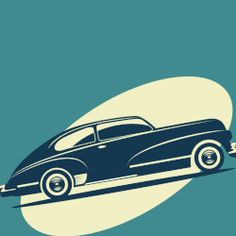 an old car is driving down the road in this retro style poster, with blue and white colors