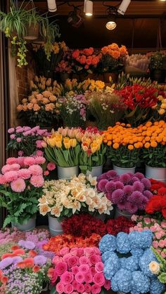 many different colored flowers are in buckets