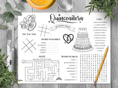 a printable wedding game with the words quinceauera and a cake on it