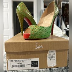 Beautiful Python Snake Skin Red Bottom Heels. Going For $800-$1000 Everywhere Else!! Originally Purchase From Neiman Marcus. Original Box Green Heels With Leather Sole For Party, Luxury Green Closed Toe Heels, Designer Heels With Red Sole For Galas, Designer Heels With Red Sole, Red Bottom Heels, Python Snake, Fairy Coloring, Red Bottom, Red Bottoms