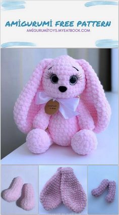 a pink crocheted stuffed animal sitting on top of a white table next to other items