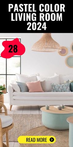 a living room with white couches and colorful pillows on the floor, text reads pastel color living room 208 read more