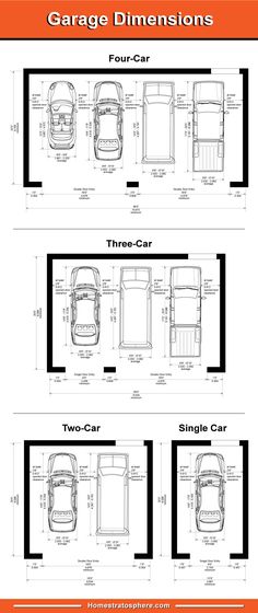 three car garage plans for two cars with the measurements on each side and an overhead view of