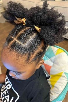 Cute Braided Updo with Double Afro Puffs and Golden Bows for Black Girls Ponytail Hairstyles For Black Kids, Easy Hairstyles For Kids, Kid Hairstyles, Kid Hair, Lil Girl Hairstyles, Toddler Hairstyles, Hair Puff, Cute Simple Hairstyles, Toddler Hairstyles Girl