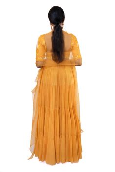 Yellow can can attached lehenga in solid base with tiers. Comes with bead and pearl embellished 3D motifs along with thread embroidery. Paired with embellished dupatta. - Aza Fashions Anarkali Choli With Georgette Tiered Skirt, Anarkali Wedding Sharara With Tiered Skirt, Anarkali Sharara With Tiered Skirt For Wedding, Anarkali Sets With Ruffles In Georgette, Bollywood Georgette Sets With Tiered Skirt, Designer Traditional Tiered Lehenga, Anarkali Sets With Tiered Skirt For Wedding, Bollywood Style Wedding Sharara With Tiered Skirt, Wedding Anarkali Set With Tiered Skirt