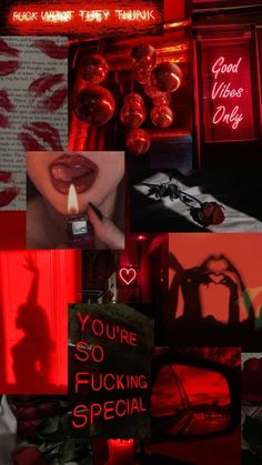 The image is a collage of various photographs and graphics, all unified by a vibrant red color scheme. It exudes a bold and rebellious aesthetic. The collage features a woman's lips, slightly parted with a lighter held to them, emphasizing a sense of danger and allure. Other elements include disco balls reflecting red light, a neon signs, a single rose lying on a white surface, hands forming a heart shape with their shadows, a side-view mirror reflecting a reddish sky, and a shadowed silhouette of a woman. The overall effect is a striking and unapologetic celebration of individuality and self-expression. #heart #red #aesthetic #lips #flame #lighter #neonsigns #wallpaper #iphone #background #mood #collage Red Aesthetic Lips, Heart Red Aesthetic, Background Mood, Mood Collage, Scorpio Aesthetic, Aesthetic Lips, Silhouette Of A Woman, Colors Aesthetic