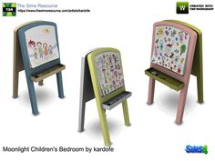 three children's wooden chairs with cartoon pictures on the front and back, one for each child