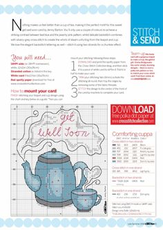 a cross stitch pattern with the words get well on it and a teapot next to it