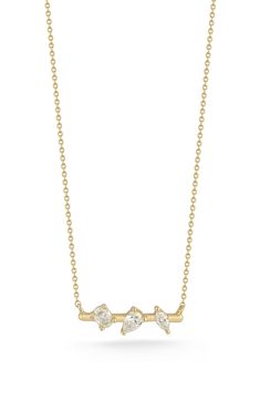 A mix of cuts brings sparkling variety to the diamonds on this bar pendant necklace crafted from 14-karat gold. 16" length; 2" extender; 5/8"W x 1/8"L pendant Total diamond weight: 0.21ct. Color: G–H Clarity: SI 14k gold/diamond Imported >Diamond Guide 3 Diamond Necklace, Dana Rebecca Designs, Diamond Bar Necklace, Bar Pendant Necklace, Bar Styling, Diamond Guide, Necklace Craft, Ring Ideas, Bar Pendant