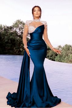 Mermaid Navy Blue Prom Dress Dinner Gowns, Hot Prom Dress, Wedding Dress Bustle, Classy Gowns, Blue Evening Dresses