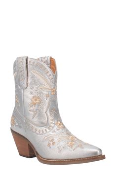 Intricate embroidery details the leather upper of a Western-style boot elevated on a short block heel. 2 1/2" heel 7 1/2" shaft Removable insole Leather upper/textile lining/synthetic sole Imported Dingo Boots, Womens Leather Ankle Boots, Shoes Board, Silver Boots, Womens Cowgirl Boots, Western Style Boots, Texas Women, Wedding Vow, Western Booties