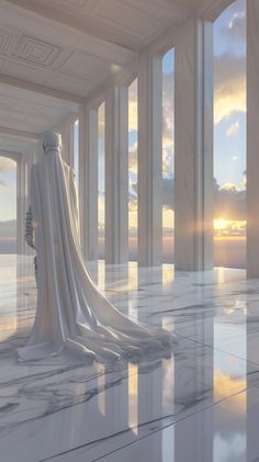 an artistic rendering of a white gown in a room with columns and sky behind it