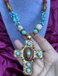 This is a costume jewelry necklace with dyed howlite stones and fancy metal work.  This necklace is very long and in perfect condition  Huge Southwest Cross Necklace Howlite Stone, Costume Jewelry Necklaces, Metal Work, Jewelry Necklace, Costume Jewelry, Metal Working, Charm Necklace, Cross Necklace, Jewelry Necklaces